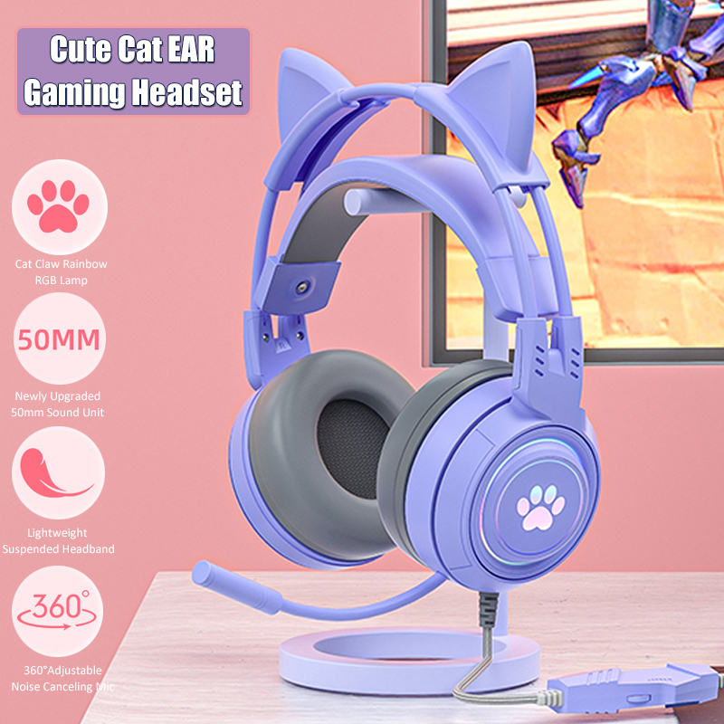 Pc Gaming Pink - 귀여운 고양이 귀 게임용 헤드폰, 마이크